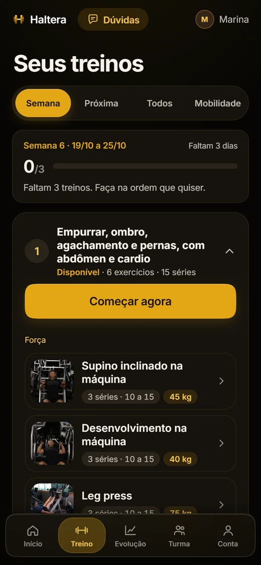 Tela Seus treinos: a semana com as sessões e os exercícios de força